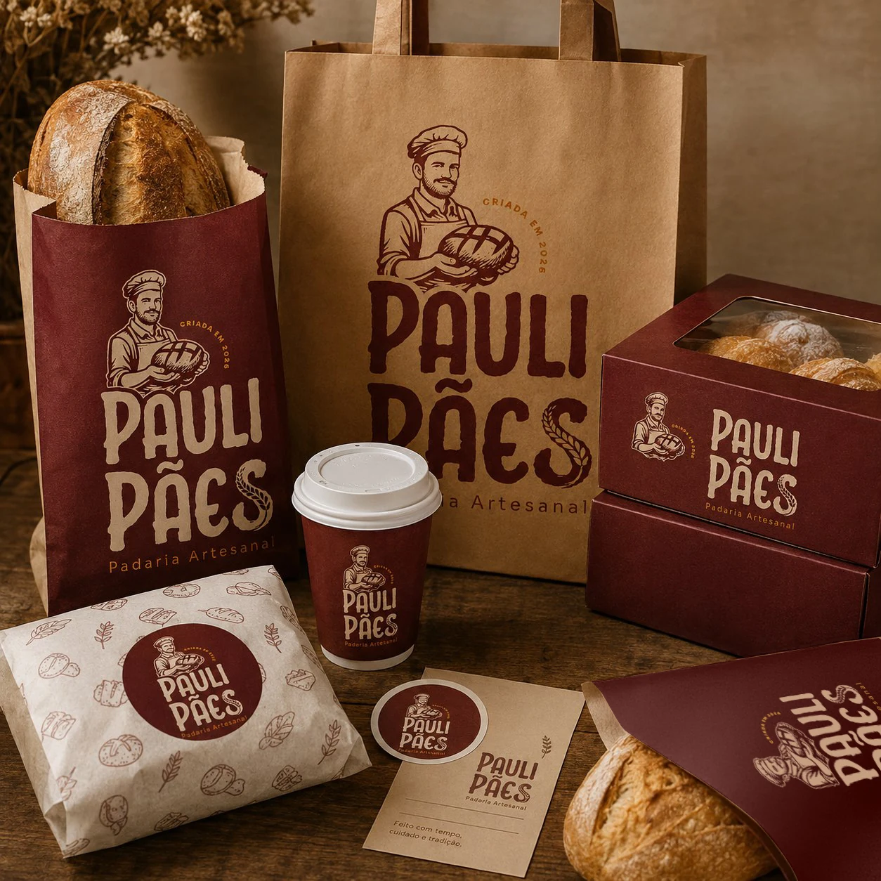 Aplicações da identidade visual de Pauli Pães
